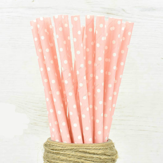 White Tiny Polka Dots on Peach Paper Straws